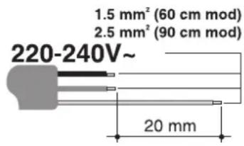 220-240V~ 1,5 mm² (mod. 60 cm) 2,5 mm² (mod. 90 cm) 20 mm