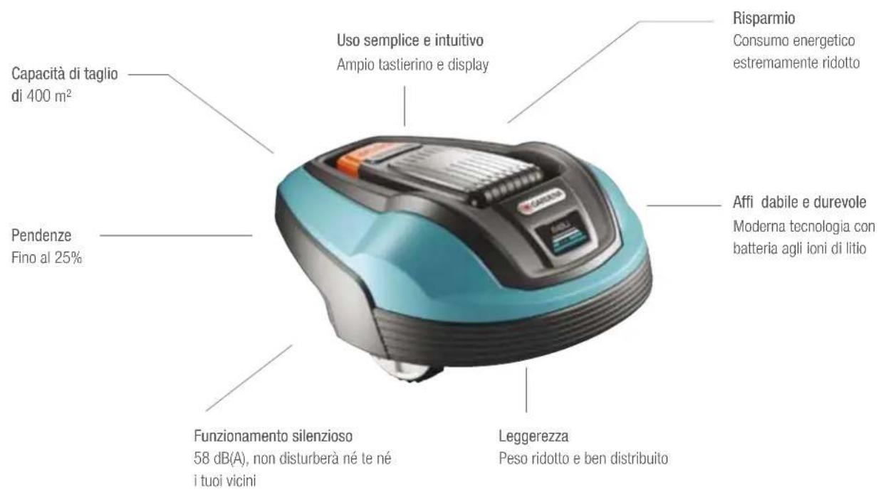 Capacità di taglio di 400 m² Pendenze Fino al 25% Funzionamento silenzioso 58 dB(A), non disturberà né te né i tuoi vicini Uso semplice e intuitivo Ampio tastierino e display Leggerezza Peso ridotto e ben distribuito Risparmio Consumo energetico estremamente ridotto Affi dabile e durevole Moderna te…
