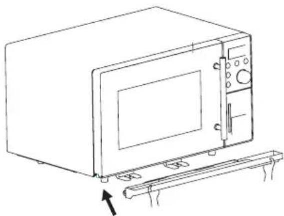 Line drawing of a microwave oven with a mounted dish and a side panel, showing no text or symbols.