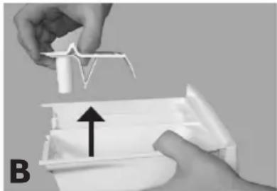 Close-up of hands assembling a white plastic component with an upward arrow, labeled 'B' (no text or symbols on the object itself)