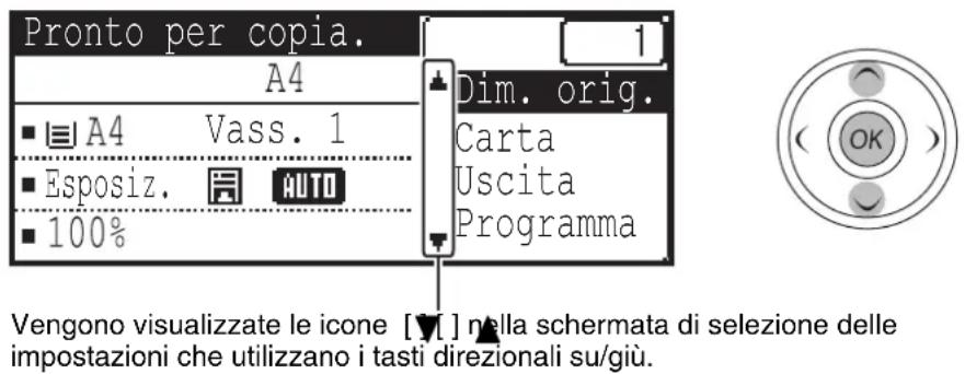 Pronto per copia. A4 ■ A4 Vass. 1 ■ Esposiz. AUTO ■ 100% Dim. orig. Carta Uscita Programma Vengono visualizzate le icone [▼] nella schermata di selezione delle impostazioni che utilizzano i tasti direzionali su/giu.