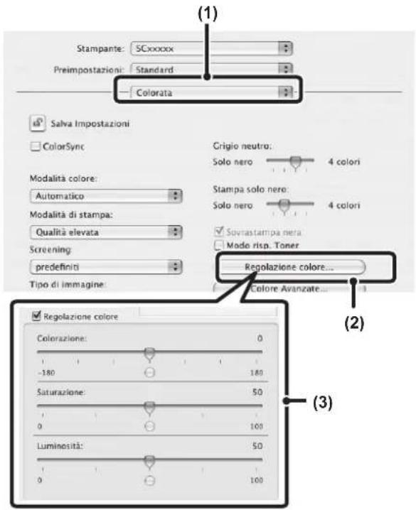 (1) Stampante: SCxxxxx Preimpostazioni: Standard Colorata Salva Impostazioni ColorSync Modalità colore: Automatico Modalità di stampa: Qualità elevata Screening: predefiniti Tipo di immagine: Grigio neutro: Solo nero 4 colori Stampa solo nero: Solo nero 4 colori Sovrastampa nera Mode risp. Toner Reg…