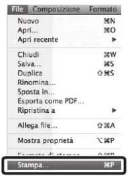 File Composizione Formato Nuovo ⌘N Apri... ⌘O Apri recente ▶ Chiudi ⌘W Salva... ⌘S Duplica ⌘S Rinomina... Sposta In... Esporta come PDF... Ripristina a ▶ Allega file... ⌘A Mostra proprietà ⌘P Stampa... ⌘P