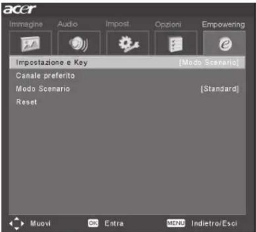 acer Imagine Audio Impost. Opzioni Empowering Impostazione e Key [Modo Scenario] Canale preferito Modo Scenario [Standard] Reset Muovi OK Entra MENU Indietro/Esci