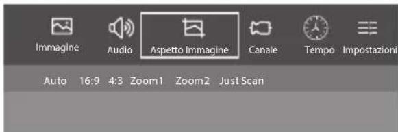 Immagine Audio Aspetto Immagine Canale Tempo Impostazioni Auto 16:9 4:3 Zoom1 Zoom2 Just Scan