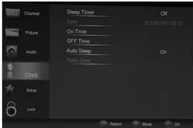 Channel Sleep Timer Date 2010/01/01 03:57 Picture On Time OFF Time Audio Auto Sleep Time Zone Clock Setup Lock Return Move OK