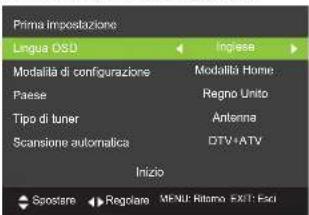 Prima impostazione Lingua OSD Modalità di configurazione Paese Tipo di tuner Scansione automatica Inizio Modalità Home Regno Unito Antenna DTV+ATV Spostare Regliare MENU Ritano EXIT: Fsi