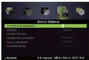 Biocco Sistema Immetone la password Ablicato Canale blocco Valutazione perinata Nueves password Cancela blocco Sparto Kioscanto Sparto - Spostare 0:0 Insgasse MENU: Ritano EXIT: Estal