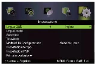 Impostazione Lingua OSID Insgisa Lingua audio Societallo Televides Modalità Di Configurazioni Modalità -Home Impostazione tempo Impostazione PVR Prima impostazione 2 Scutato + Registore MENU Pienna EXIT Fee