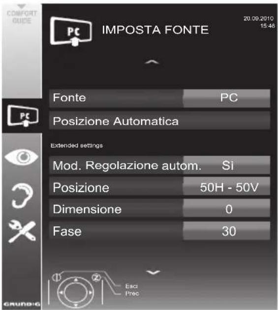 COMFORT GUIDE IMPOSTA FONTE 20.09.2010 15:46 Fonte PC Posizione Automatica Extended settings Mod. Regolazione autom. Si Posizione 50H - 50V Dimensione 0 Fase 30 Esci Prec