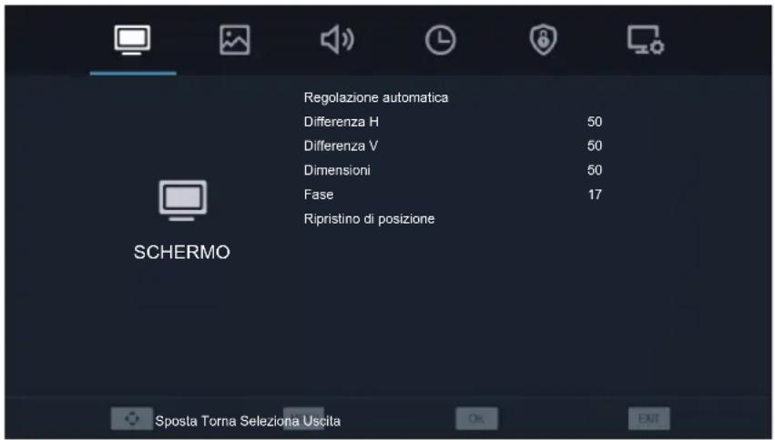 Regolazione automatica Differenza H 50 Differenza V 50 Dimensioni 50 Fase 17 Ripristino di posizione SCHERMO Sposta Torna Seleziona Uscita OK EXIT