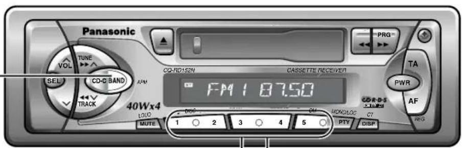 Panasonic VOL TUNE SEL CD-C BAND TRACK 40Wx4 CO-RD152N CASSETTE RECEIVER FM 1 87.50 PWR TA AF CDR-DS C7 REG DIV 2 3 4 5 PTY DISP MUTE 1 2 3 4 5