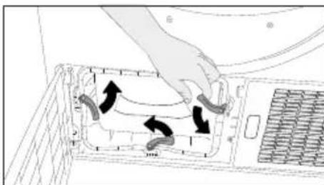 Diagram showing hand operating a device with labeled components and directional arrows indicating movement or operation.