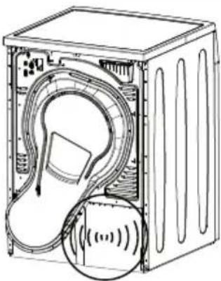 Cross-sectional diagram of a refrigerator with internal components and sound waves (no text or symbols)