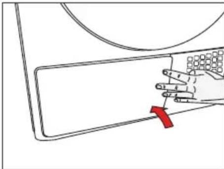 Line drawing of a hand pressing down on a rectangular object with a red arrow pointing to it (no text or symbols)