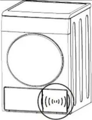 Line drawing of a washing machine with a circular vent and a rectangular base, showing sound waves (no text or symbols)