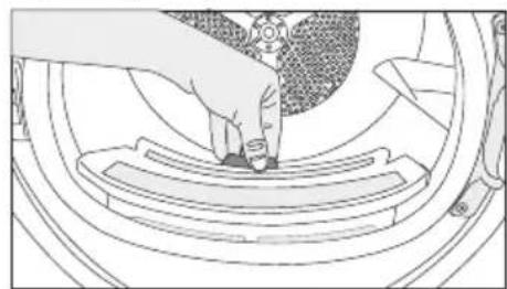 Line drawing of a hand pressing down on a mechanical component (no text or symbols)