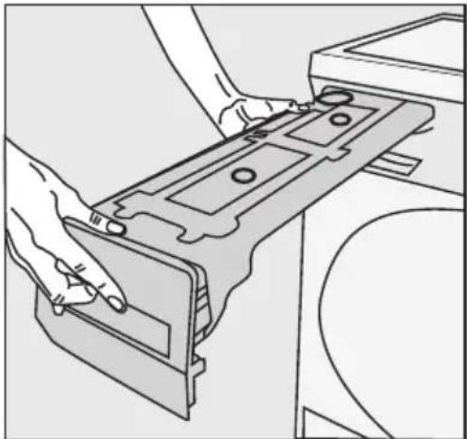 Line drawing of hands installing or adjusting a mechanical component on a machine (no text or symbols visible)