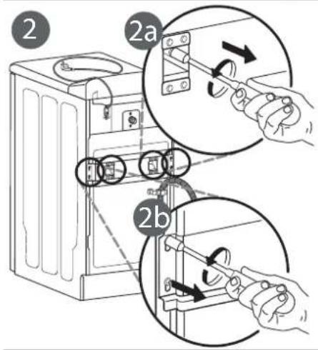 Diagram illustrating two steps of installing or adjusting a washing machine, labeled 2a and 2b with hand positions and tool icons.