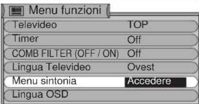 Menu funzioni Televideo TOP Timer Off COMB FILTER (OFF / ON) Off Lingua Televideo Ovest Menu sintonia Accedere Lingua OSD