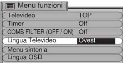 Menu funzioni Televideo TOP Timer Off COMB FILTER (OFF / ON) Off Lingua Televideo Ovest Menu sintonia Lingua OSD