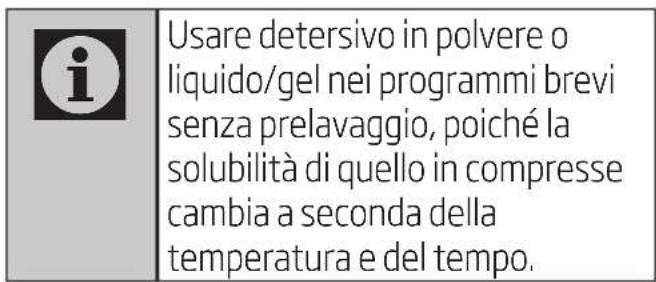 i Usare detersivo in polvere o liquido/gel nei programmi brevi senza prelavaggio, poiché la solubilità di quello in compresse cambia a seconda della temperatura e del tempo.
