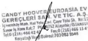 CANDY HOOVEREUROASIA EV GEREÇLERİ SAM. VE TİC. A.Ş. İçerenköy Mah. Hal Yolu Cad. Çayır Yolu Sk. No:13 Sıvarı İş Hamı Kat:7 PPM4752 Atasehir/ISTANBUI Tel:0 (216) 466 42 42 FxC:0 (216) 466 15 45 Koyatağ Vərði Daired:703 003 9548