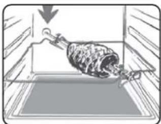 Illustration of a meat skewer inside a rectangular container with an arrow indicating downward motion (no text or symbols)