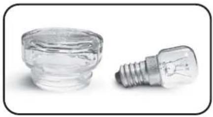 Two small transparent plastic components: a cylindrical container and a standard light bulb (no text or symbols visible)