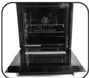 Black oven with open door and ventilation slots (no visible text or symbols)