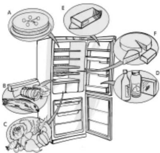 Diagram of a refrigerator with labeled parts including a plate, eraser, knife, and food items