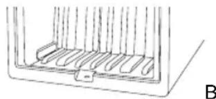 Simple line drawing of a container with internal shelves and a side clip, labeled B (no text or symbols)