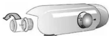 Illustration of a cylindrical device with a handle and spout, showing internal components (no text or symbols)
