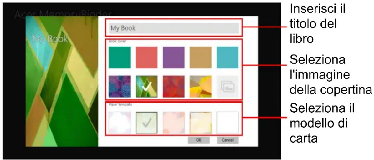 Acer MemoryBinder My Book My Book Book cover Inserisci il titolo del libro Seleziona l'immagine della copertina Seleziona il modello di carta Paper template OK Cancel
