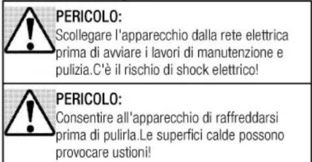 PERICOLO: Scollegare l'apparecchio dalla rete elettrica prima di avviare i lavori di manutenzione e pulizia.C'è il rischio di shock elettrico! PERICOLO: Consentire all'apparecchio di raffreddarsi prima di pulirla.Le superfici calde possono provocare ustioni!