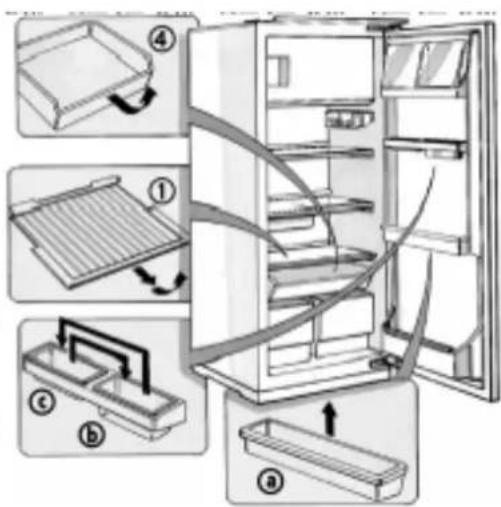 Diagram illustrating the internal components of a refrigerator with numbered parts and directional arrows indicating assembly or cleaning steps.