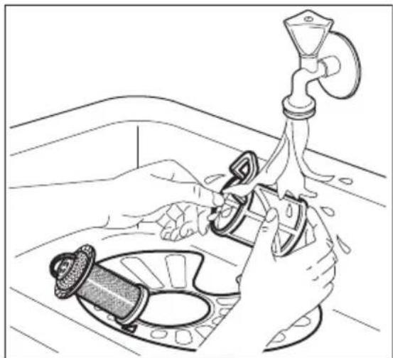 Line drawing of a person washing clothes in a bathtub with a faucet and sink (no text or symbols)