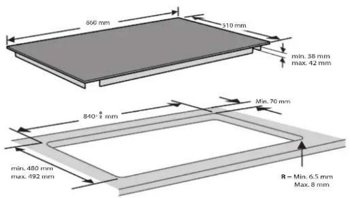 800 mm 510 mm min. 38 mm max. 42 mm 840° 0/2 mm Min. 70 mm min. 480 mm max. 492 mm R = Min. 6.5 mm Max. 8 mm