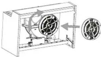 Technical line drawing of a mechanical device with fan and housing (no text or symbols)