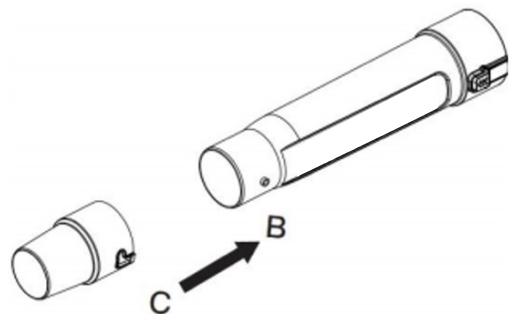 Technical line drawing of a cylindrical mechanical component with a separate housing and an arrow indicating direction (no text or symbols)