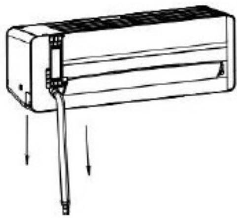 Line drawing of a wall-mounted air conditioner unit with cooling fins and ventilation slots (no text or symbols)
