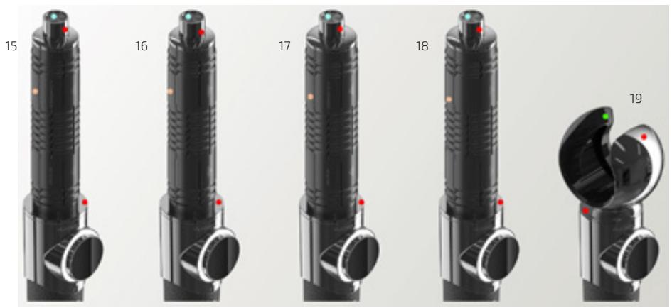 Sequence of five black-and-white images showing a device with red indicator lights, labeled 15 to 19, and an open inset showing internal components (no text or symbols on the devices themselves)
