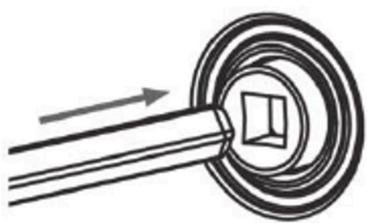 Diagram of a circular object with an arrow pointing outward, resembling a mechanical or optical component (no text or symbols present)