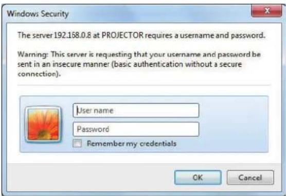 Windows Security The server 192.158.0.8 at PROJECTOR requires a username and password. Warning: This server is requesting that your username and password be sent in an insecure manner (basic authentication without a secure connection). User name Password Remember my credentials OK Cancel