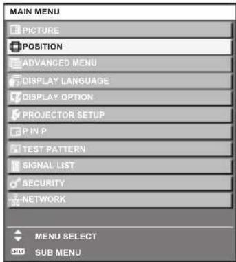 MAIN MENU PICTURE POSITION ADVANCED MENU DISPLAY LANGUAGE DISPLAY OPTION PROJECTOR SETUP P IN P TEST PATTERN SIGNAL LIST SECURITY NETWORK MENU SELECT SUB MENU