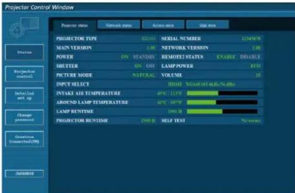 Projector Control Window Projector status Network state Active mode Mail mode PROJECTOR TYPE RED SERIAL NUMBER 123408 MAIN VERSION LRF NETWORK VERSION LRF POWER ON STANDER REMOVED STATES ENABLE DISABLE SHUTTER ON OFF LAMP POWER ICO PICTURE MODE NATURAL VOLUME 3F INPUT SELECT WMH SCARP (AT 4x5x6x6x)…