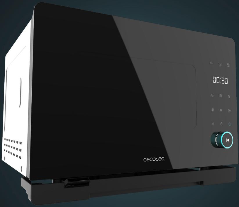 Exterior view of a modern microwave oven with digital display and control buttons (no text or symbols on main body)