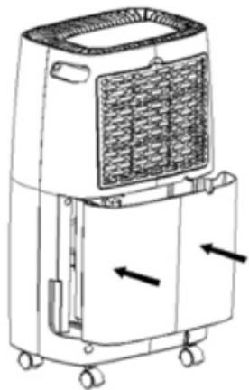 Line drawing of a portable air conditioner unit with cooling fins and wheels (no text or symbols)