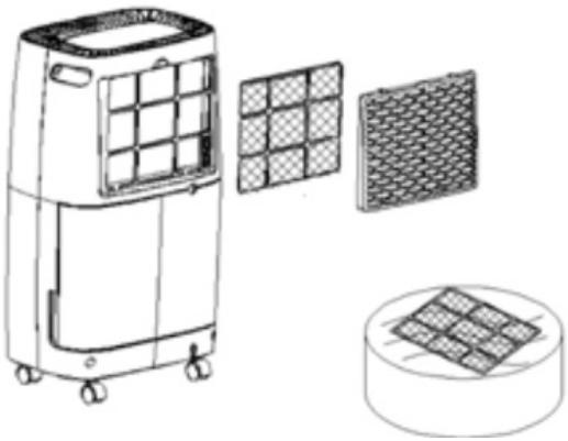 Line drawing of an air conditioner unit with grid and mesh components, plus a circular base (no text or symbols)
