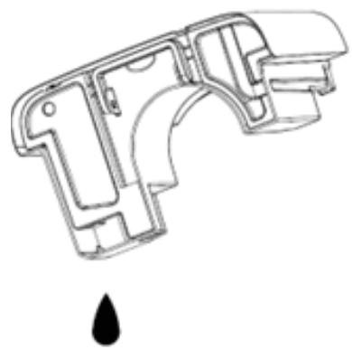 Technical line drawing of a handgun mechanism with a droplet symbol below (no text or labels)